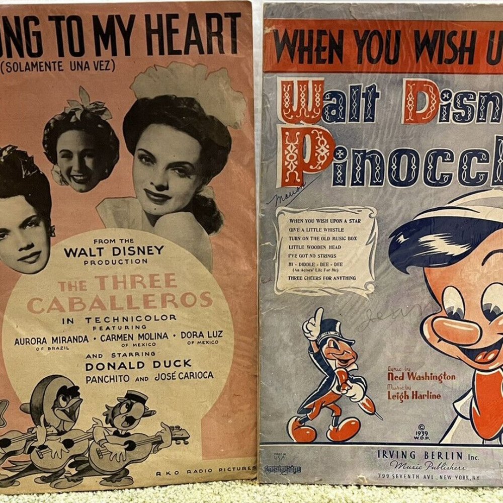 Rare 1939 Walt Disney Pinocchio & The Three Cavalleros Sheet Music Lot 12” Tall!
